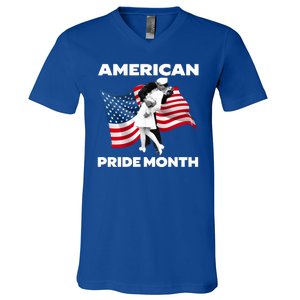 Patriotic American Pride Month Classic Wwii Soldier Kissing Nurse V-Neck T-Shirt