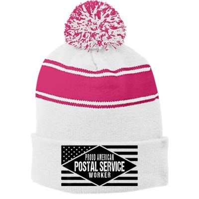 Proud American Postal Service Worker Patriotic US Flag Stripe Pom Pom Beanie