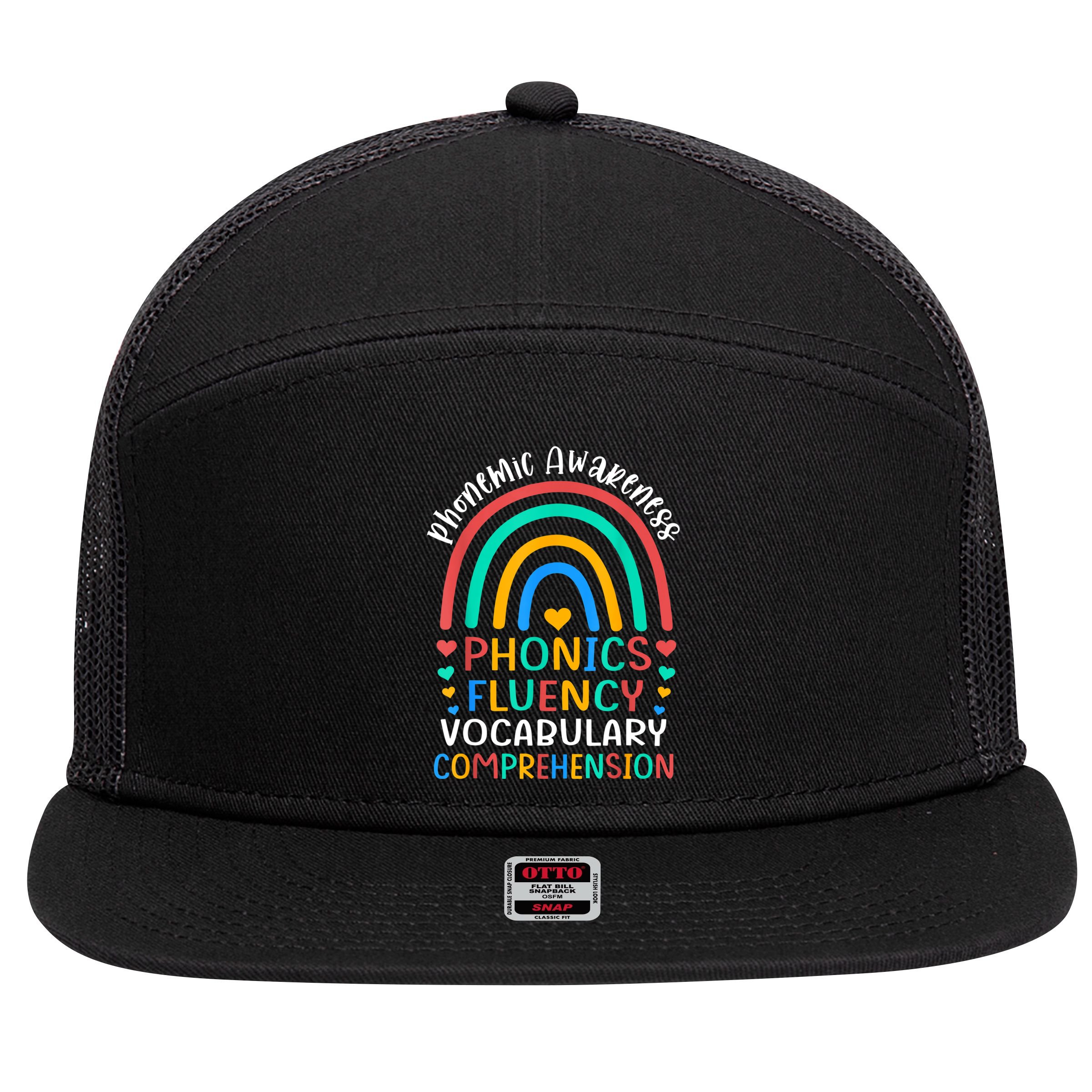Phonemic Awareness Phonics Fluency Vocabulary Comprehension 7 Panel Mesh Trucker Snapback Hat