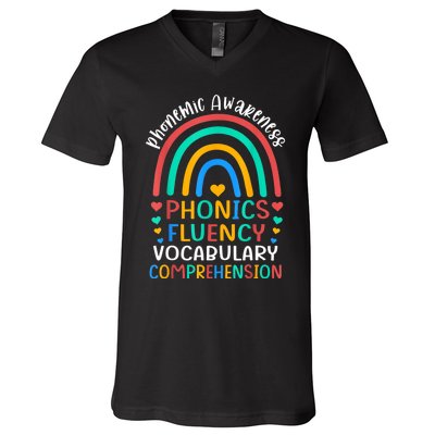 Phonemic Awareness Phonics Fluency Vocabulary Comprehension V-Neck T-Shirt