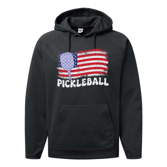 Patriotic American Pickleball Usa Flag 4th Of July Performance Fleece Hoodie