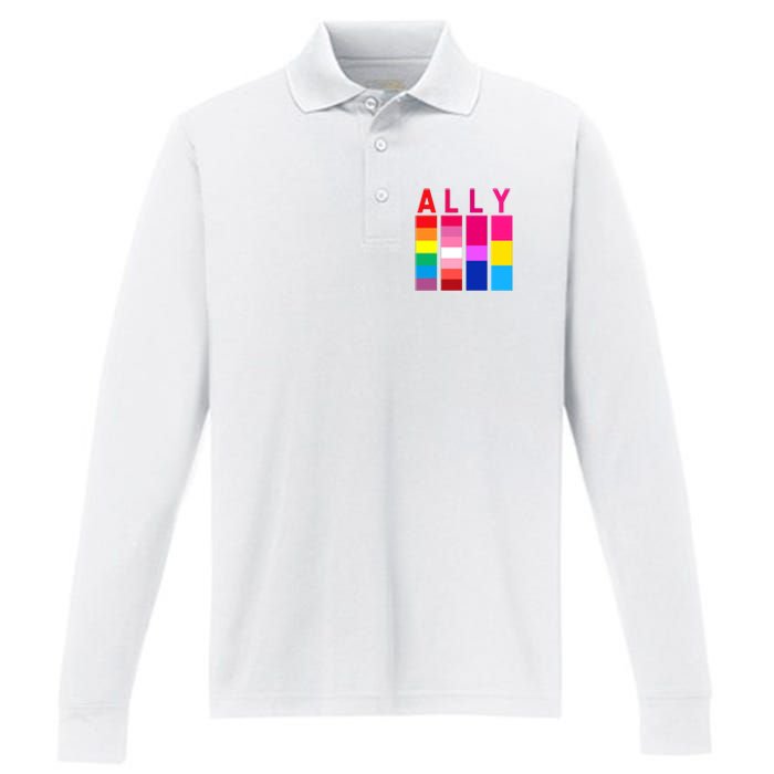 Proud Ally Pride Rainbow LGBT Ally Performance Long Sleeve Polo