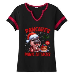 Pancakes And Panic Attacks Funny Moo Deng Pancake Christmas Ladies Halftime Notch Neck Tee