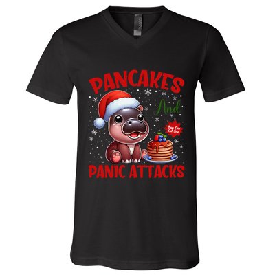 Pancakes And Panic Attacks Funny Moo Deng Pancake Christmas V-Neck T-Shirt