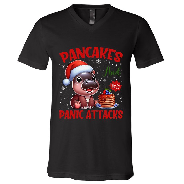 Pancakes And Panic Attacks Funny Moo Deng Pancake Christmas V-Neck T-Shirt