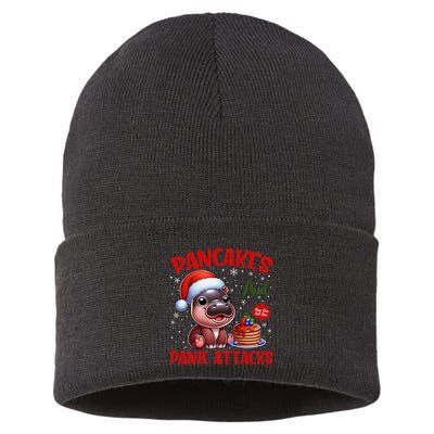 Pancakes And Panic Attacks Funny Moo Deng Pancake Christmas Sustainable Knit Beanie