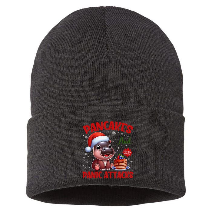 Pancakes And Panic Attacks Funny Moo Deng Pancake Christmas Sustainable Knit Beanie