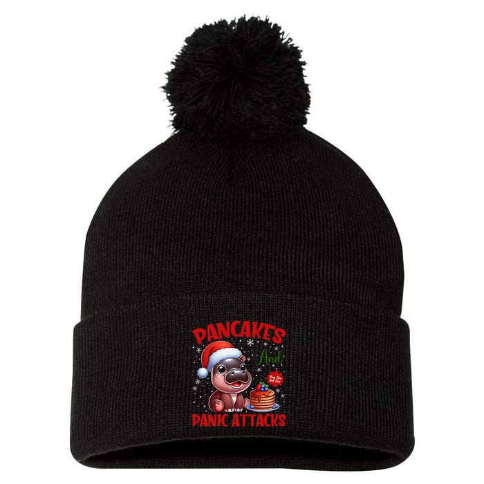 Pancakes And Panic Attacks Funny Moo Deng Pancake Christmas Pom Pom 12in Knit Beanie