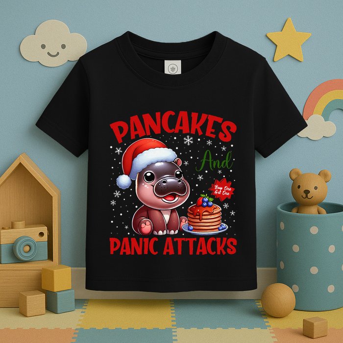 Pancakes And Panic Attacks Funny Moo Deng Pancake Christmas Toddler T-Shirt