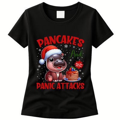 Pancakes And Panic Attacks Funny Moo Deng Pancake Christmas Womens T-Shirt