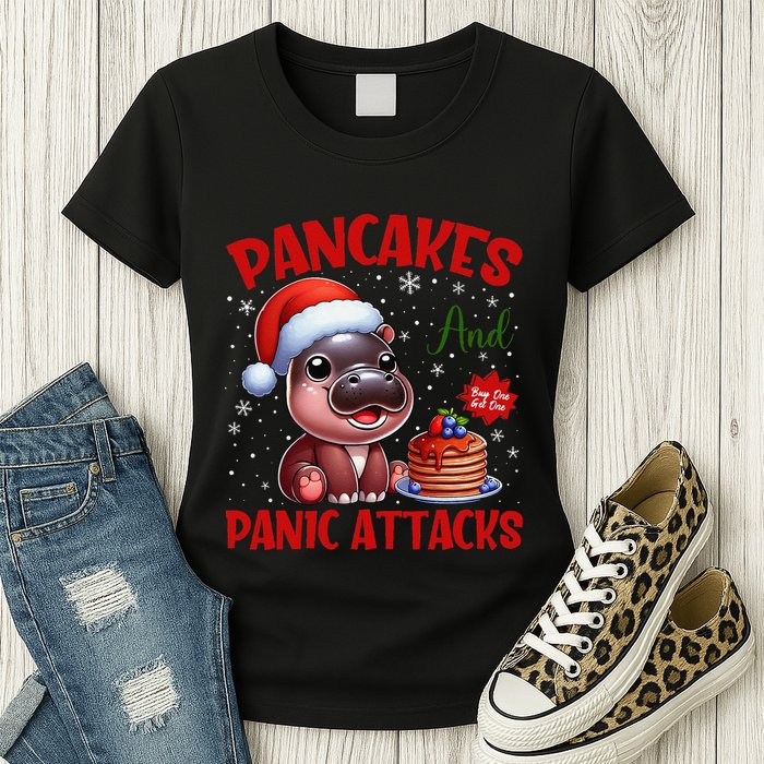 Pancakes And Panic Attacks Funny Moo Deng Pancake Christmas Womens T-Shirt