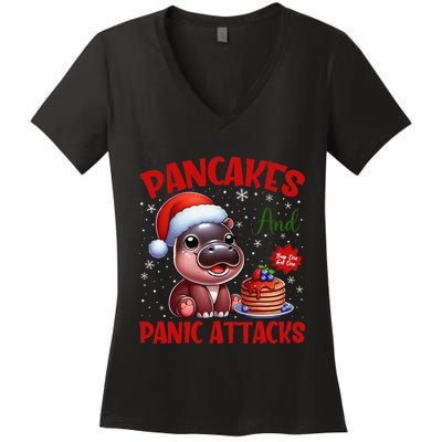 Pancakes And Panic Attacks Funny Moo Deng Pancake Christmas Women's V-Neck T-Shirt