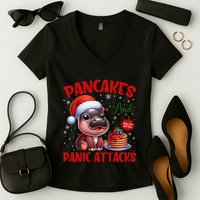 Pancakes And Panic Attacks Funny Moo Deng Pancake Christmas Women's V-Neck T-Shirt