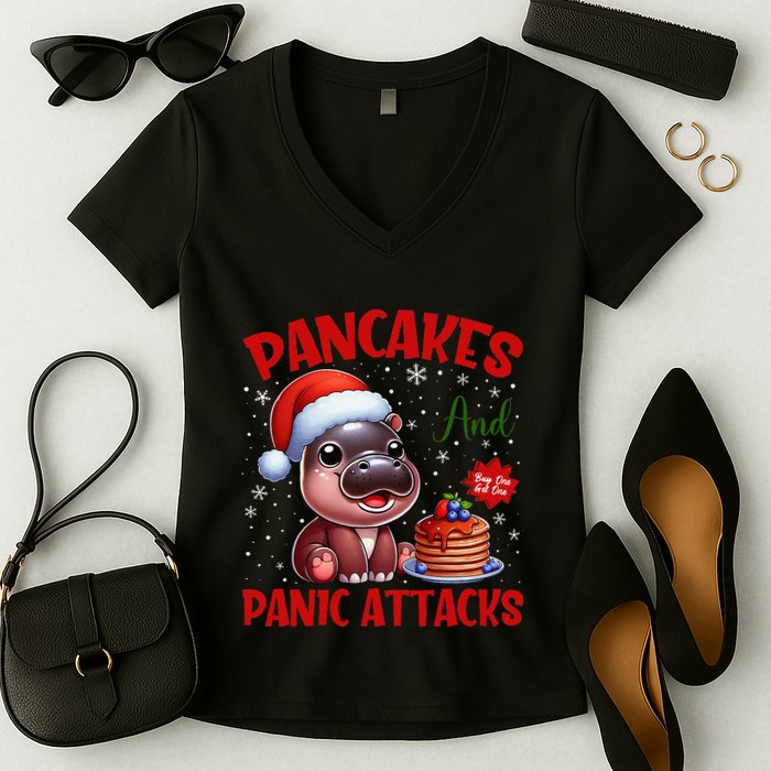 Pancakes And Panic Attacks Funny Moo Deng Pancake Christmas Women's V-Neck T-Shirt