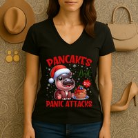 Pancakes And Panic Attacks Funny Moo Deng Pancake Christmas Women's V-Neck T-Shirt