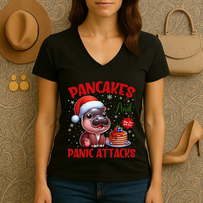 Pancakes And Panic Attacks Funny Moo Deng Pancake Christmas Women's V-Neck T-Shirt