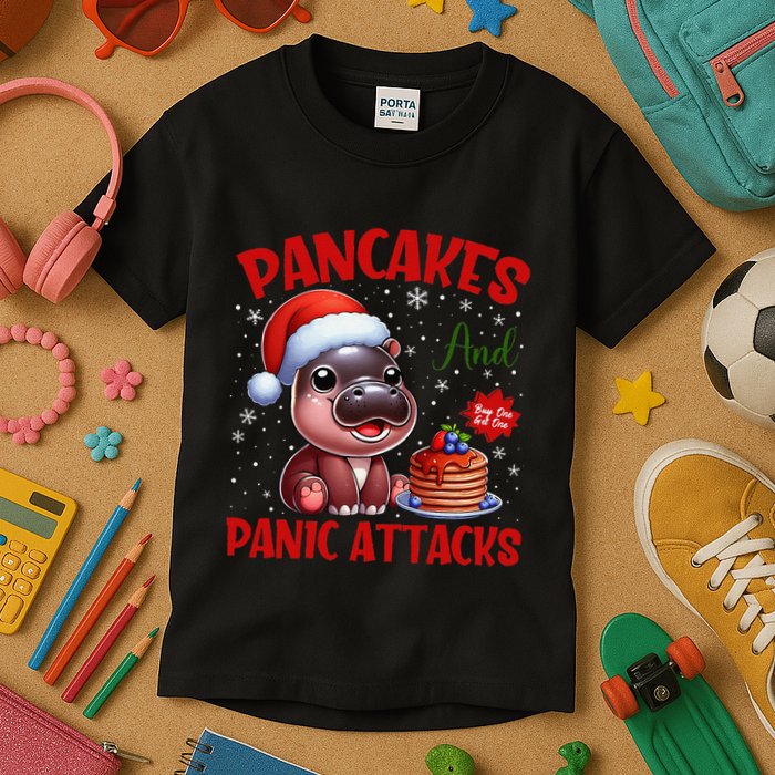 Pancakes And Panic Attacks Funny Moo Deng Pancake Christmas Kids T-Shirt
