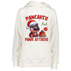 Pancakes And Panic Attacks Funny Moo Deng Pancake Christmas Womens Funnel Neck Pullover Hood