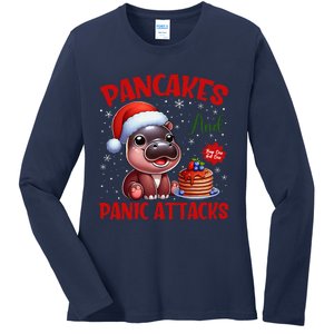 Pancakes And Panic Attacks Funny Moo Deng Pancake Christmas Ladies Long Sleeve Shirt