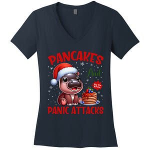 Pancakes And Panic Attacks Funny Moo Deng Pancake Christmas Women's V-Neck T-Shirt