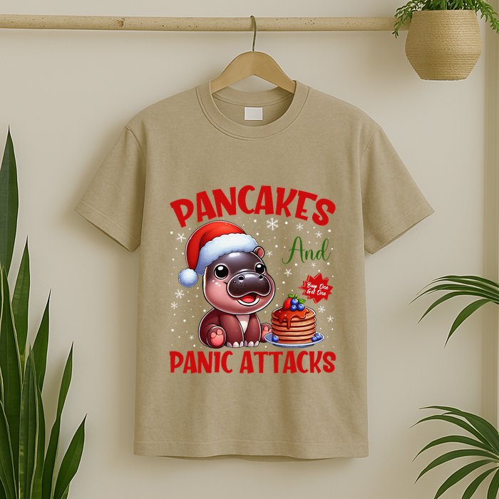 Pancakes And Panic Attacks Funny Moo Deng Pancake Christmas T-Shirt