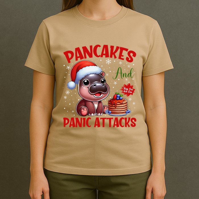 Pancakes And Panic Attacks Funny Moo Deng Pancake Christmas T-Shirt