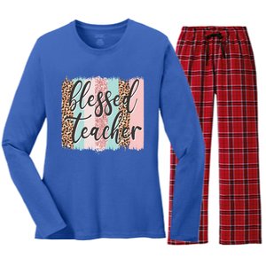 Pink Animal Print Teacher Appreciation Day Blessed Quote Gift Women's Long Sleeve Flannel Pajama Set 