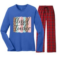 Pink Animal Print Teacher Appreciation Day Blessed Quote Gift Women's Long Sleeve Flannel Pajama Set 