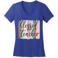 Pink Animal Print Teacher Appreciation Day Blessed Quote Gift Women's V-Neck T-Shirt