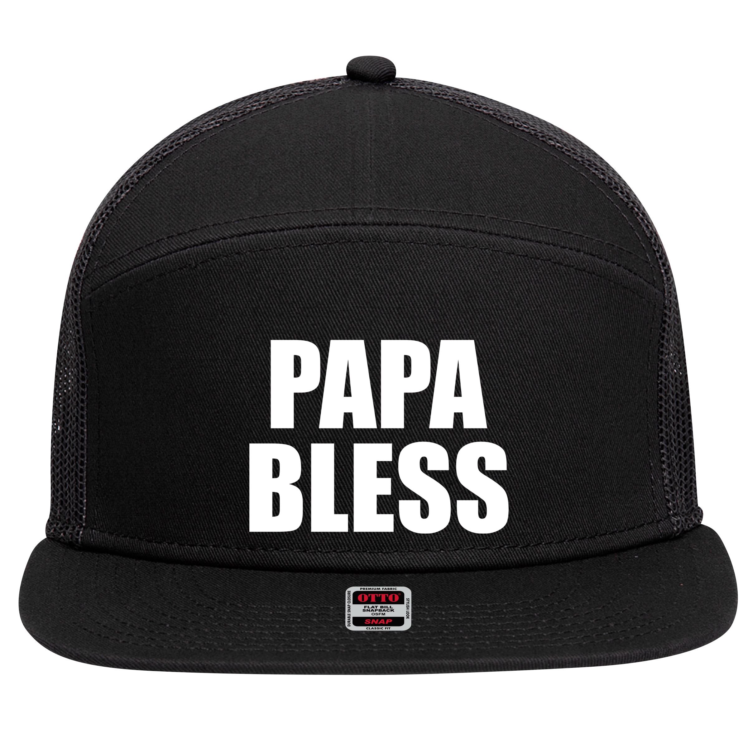 Papa Bless Funny Meme Prank Bold Text Logo 7 Panel Mesh Trucker Snapback Hat