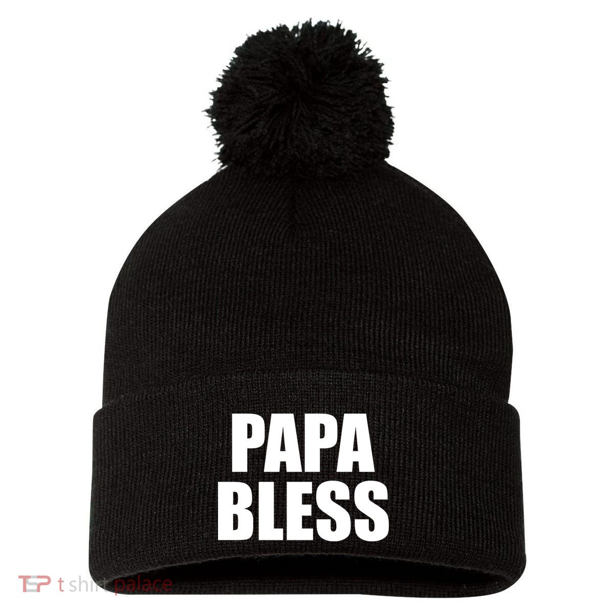 Papa Bless Funny Meme Prank Bold Text Logo Pom Pom 12in Knit Beanie