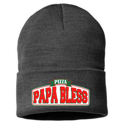 Papa Bless Pizza Funny Meme Prank Logo Sustainable Knit Beanie