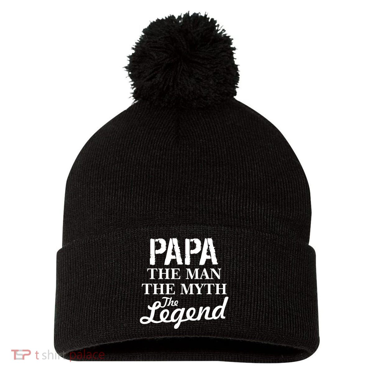 Papa The Man Myth Legend Pom Pom 12in Knit Beanie