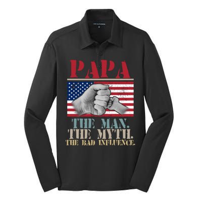 Papa The Man The Myth The Bad Influence Father's Day Silk Touch Performance Long Sleeve Polo