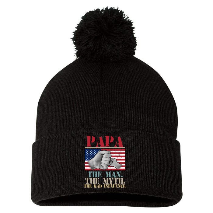Papa The Man The Myth The Bad Influence Father's Day Pom Pom 12in Knit Beanie