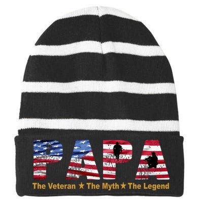 Papa The Veteran The Myth The Legend Striped Beanie with Solid Band