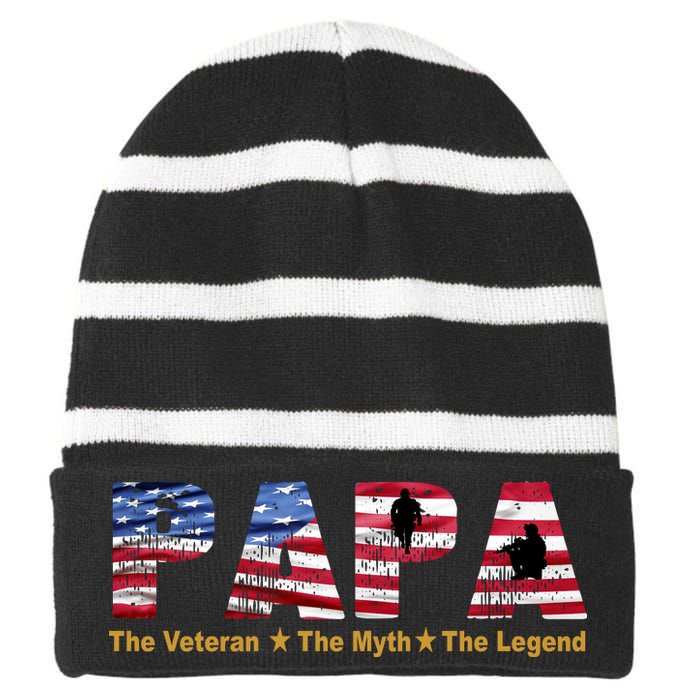 Papa The Veteran The Myth The Legend Striped Beanie with Solid Band