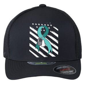 PTSD Awareness Ribbon Hope Support Love American Flag Flexfit Unipanel Trucker Cap