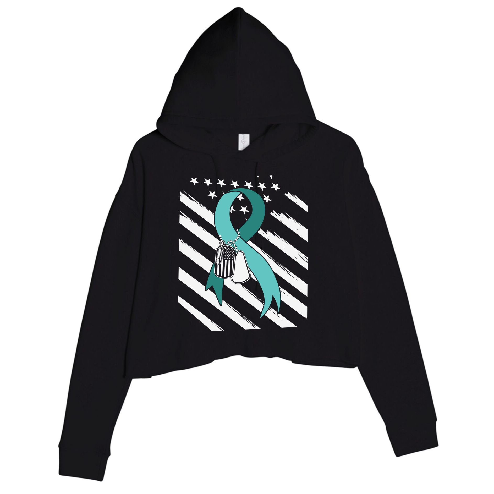 PTSD Awareness Ribbon Hope Support Love American Flag Crop Fleece Hoodie