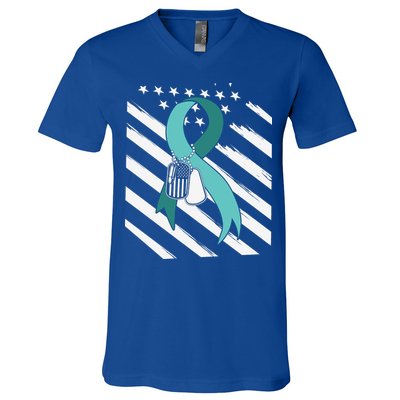PTSD Awareness Ribbon Hope Support Love American Flag V-Neck T-Shirt