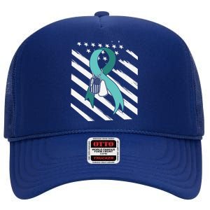 PTSD Awareness Ribbon Hope Support Love American Flag High Crown Mesh Back Trucker Hat