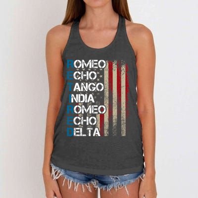 Phonetic Alphabet Retired Veteran Retirement Army Military Women's Knotted Racerback Tank