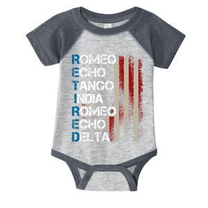 Phonetic Alphabet Retired Veteran Retirement Army Military Infant Baby Jersey Bodysuit