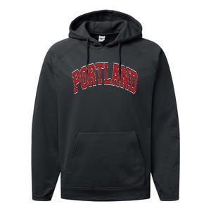 Portland Arched Red Text Performance Fleece Hoodie