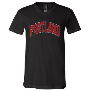 Portland Arched Red Text V-Neck T-Shirt