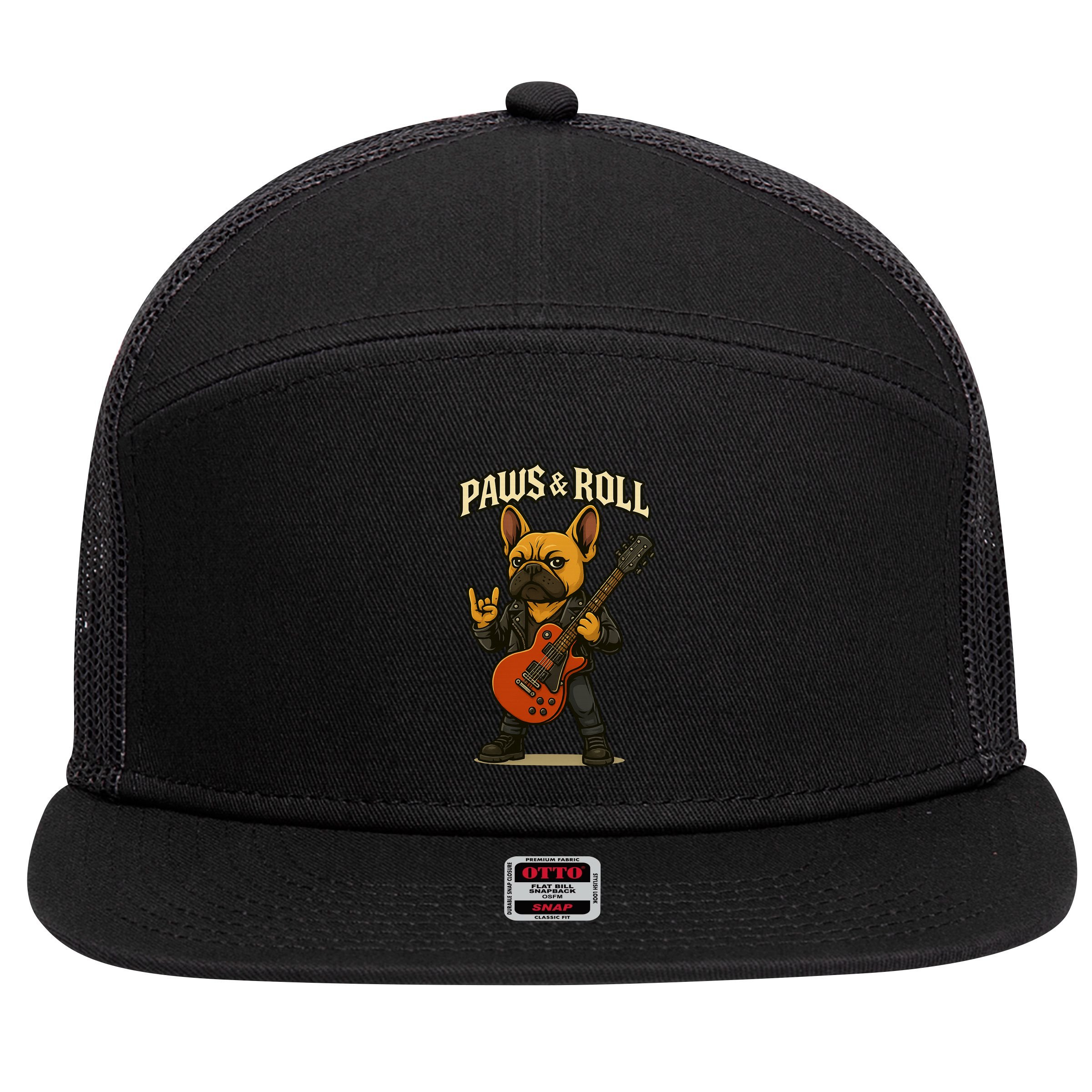 Paws And Roll French Bulldog Funny 7 Panel Mesh Trucker Snapback Hat