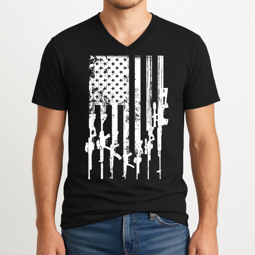Patriotic American Rifle Flag Pro Gun Gifts V-Neck T-Shirt