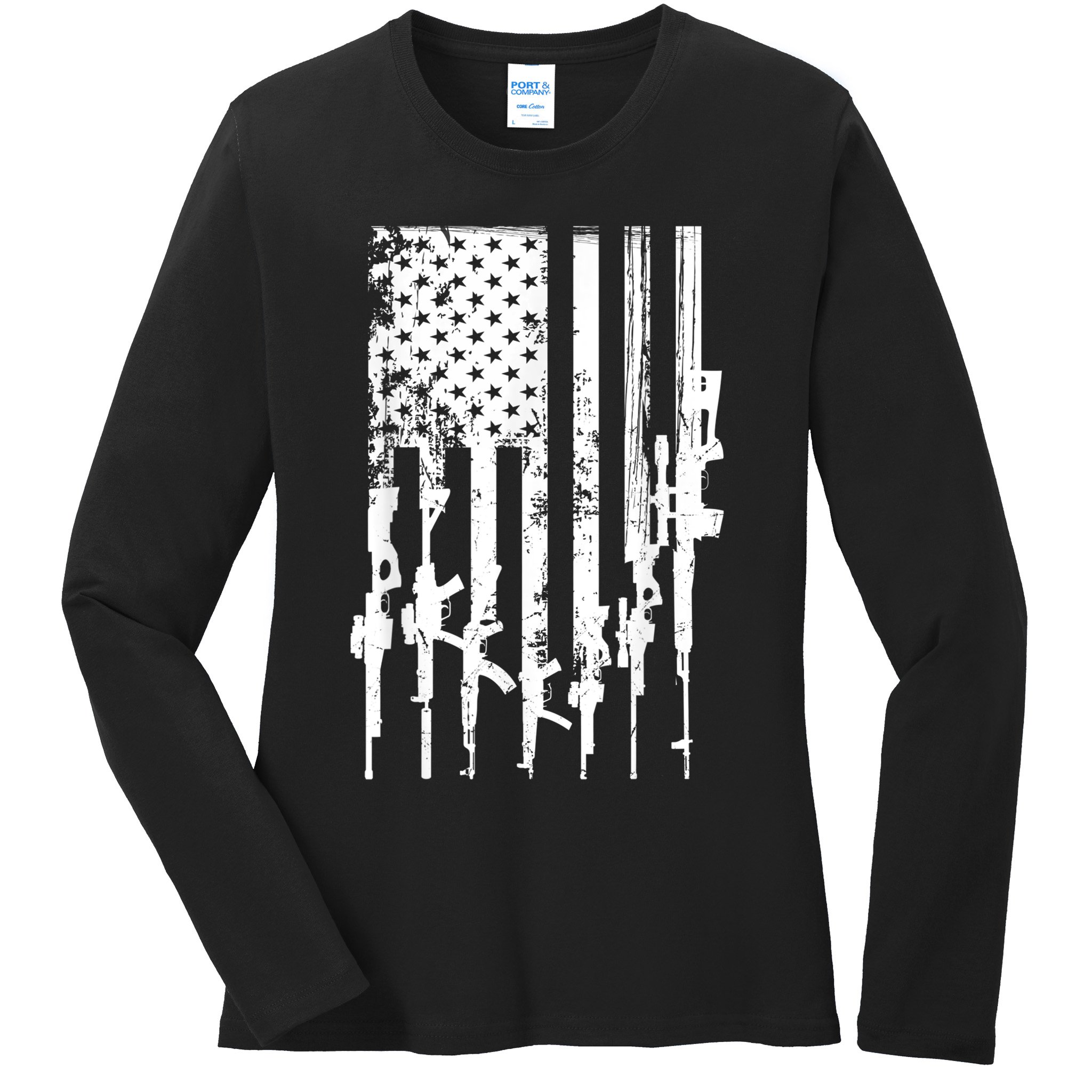 Patriotic American Rifle Flag Pro Gun Gifts Ladies Long Sleeve Shirt