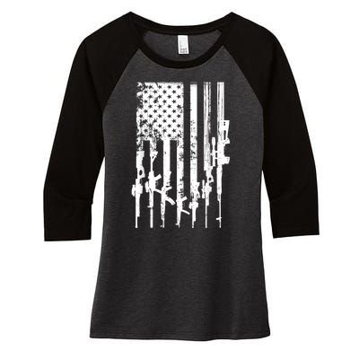 Patriotic American Rifle Flag Pro Gun Gifts Women's Tri-Blend 3/4-Sleeve Raglan Shirt