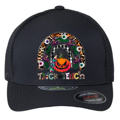 Pumpkins And Rainbow Trick Or Teach Teacher Halloween Funny Gift Flexfit Unipanel Trucker Cap